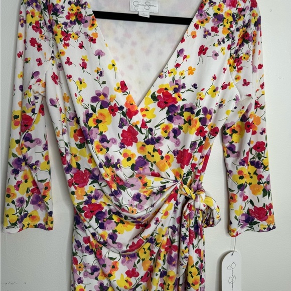 Jessica Simpson womens 6 midi floral vneck wrap belt elastic fabric dress spring - Picture 11 of 12